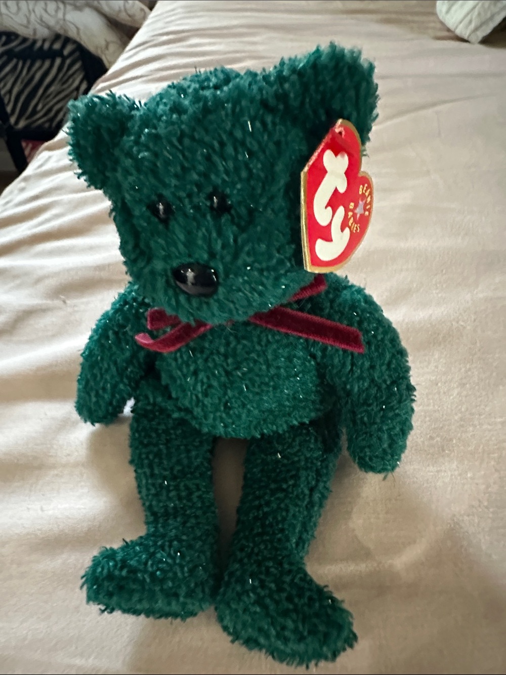 Ty Dark Emerald Plush Bear with Burgundy Velvet Bow(2001)